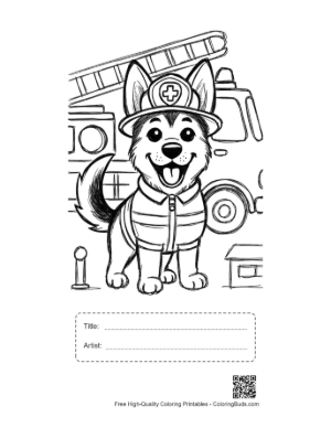 Thumbnail: German Shepherd Puppy Firefighter in Front of a Station Printable with Title and Artist Box