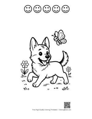 Thumbnail: German Shepherd Puppy Watching a Butterfly in the Field Printable and 5 Happy Face Outline