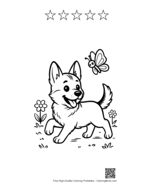 Thumbnail: German Shepherd Puppy Watching a Butterfly in the Field Printable and 5 Star Outline