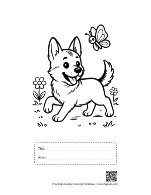 Thumbnail: German Shepherd Puppy Watching a Butterfly in the Field Printable with Title and Artist Box
