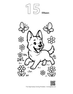Thumbnail: Happy German Shepherd Puppy Meeting a Butterfly Friend Printable Outline Number 15