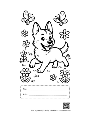 Thumbnail: Happy German Shepherd Puppy Meeting a Butterfly Friend Printable with Title and Artist Box