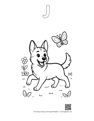 Thumbnail: Sweet German Shepherd Puppy Walking in a Flower Field Printable Outline Alphabet J