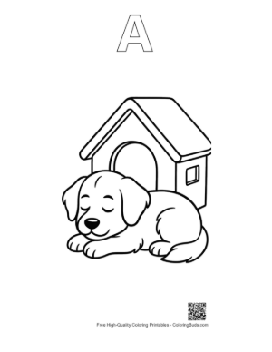 Thumbnail: Cute Golden Retriever Puppy Sleeping in Front of a Kennel Printable Outline Alphabet A