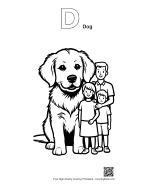 Thumbnail: Giant Golden Retriever Puppy with Happy Family Printable Outline Alphabet D Dog
