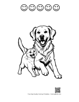 Thumbnail: Golden Retriever and Kitten Playfully Chasing Printable and 5 Happy Face Outline