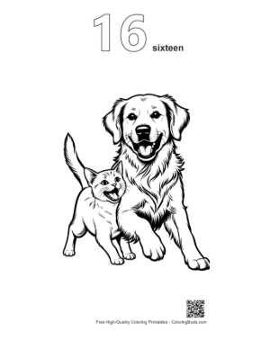 Thumbnail: Golden Retriever and Kitten Playfully Chasing Printable Outline Number 16