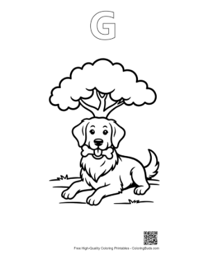 Thumbnail: Golden Retriever Puppy Resting Under a Large Tree Printable Outline Alphabet G