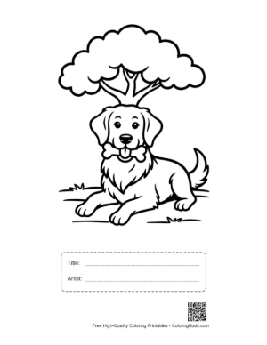 Thumbnail: Golden Retriever Puppy Resting Under a Large Tree Printable with Title and Artist Box