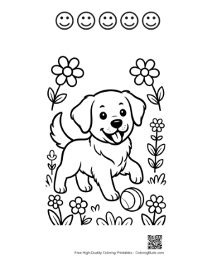 Thumbnail: Golden Retriever Puppy Sitting Among Blooming Garden Flowers Printable and 5 Happy Face Outline