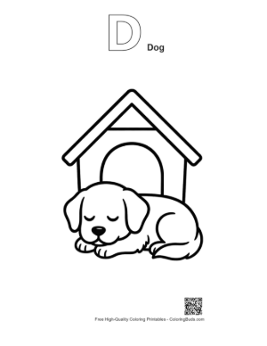 Thumbnail: Golden Retriever Puppy Sleeping Peacefully Inside Its Doghouse Printable Outline Alphabet D Dog