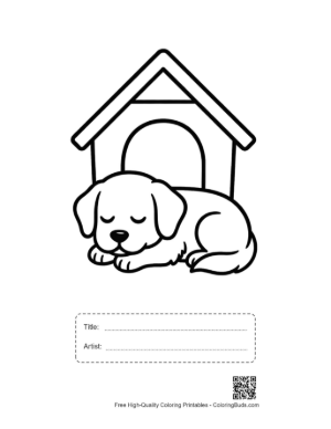 Thumbnail: Golden Retriever Puppy Sleeping Peacefully Inside Its Doghouse Printable with Title and Artist Box