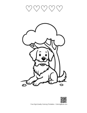 Thumbnail: Happy Golden Retriever Puppy Sitting Near a Big Tree Printable and 5 Heart Outline