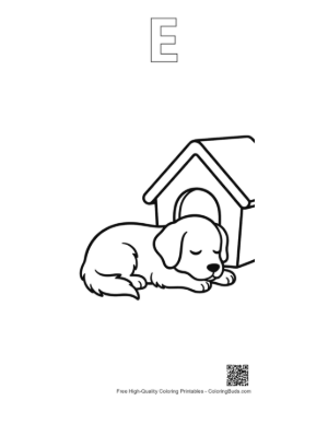 Thumbnail: Small Golden Retriever Puppy Napping Near a Doghouse Printable Outline Alphabet E