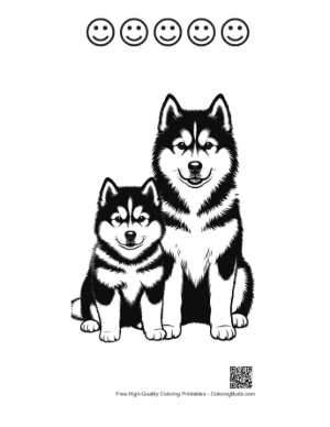 Thumbnail: Adorable Husky Mom and Puppy Sitting Together Printable and 5 Happy Face Outline