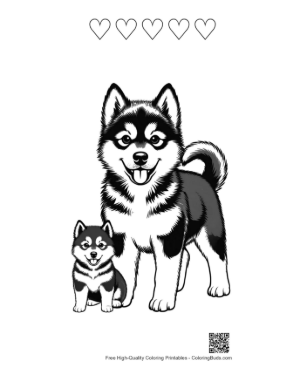 Thumbnail: Adorable Husky Puppy and Parent Smiling Printable and 5 Heart Outline