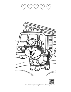 Thumbnail: Adorable Husky Puppy in a Fireman Outfit Standing by a Fire Engine Line Art Printable and 5 Heart Outline