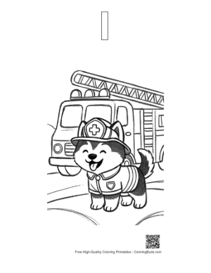 Thumbnail: Adorable Husky Puppy in a Fireman Outfit Standing by a Fire Engine Line Art Printable Outline Alphabet I