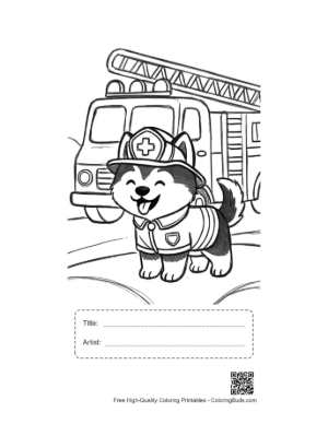 Thumbnail: Adorable Husky Puppy in a Fireman Outfit Standing by a Fire Engine Line Art Printable with Title and Artist Box