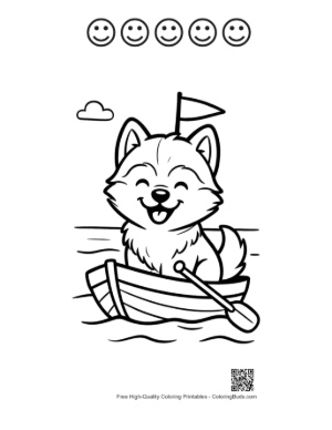 Thumbnail: Adventurous Husky Puppy in a Boat on a Sunny Day Puppy Travel Coloring Printable and 5 Happy Face Outline
