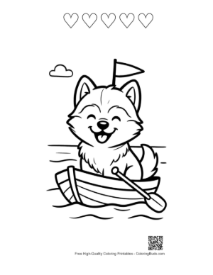 Thumbnail: Adventurous Husky Puppy in a Boat on a Sunny Day Puppy Travel Coloring Printable and 5 Heart Outline