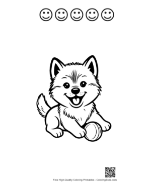Thumbnail: Curious Husky Puppy Looking at a Ball Cute Domestic Animal Line Art Printable and 5 Happy Face Outline
