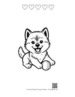 Thumbnail: Curious Husky Puppy Looking at a Ball Cute Domestic Animal Line Art Printable and 5 Heart Outline