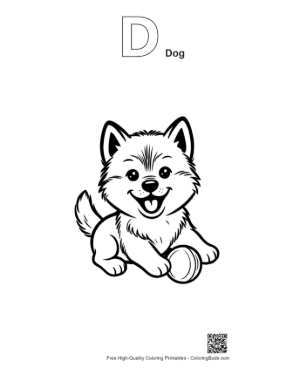 Thumbnail: Curious Husky Puppy Looking at a Ball Cute Domestic Animal Line Art Printable Outline Alphabet D Dog