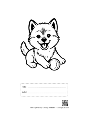 Thumbnail: Curious Husky Puppy Looking at a Ball Cute Domestic Animal Line Art Printable with Title and Artist Box