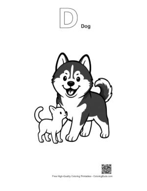 Thumbnail: Happy Husky Puppy and Kitten Friends Printable Outline Alphabet D Dog
