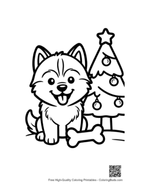 Thumbnail: Happy Husky Puppy with a Bone and Christmas Tree Festive Animal Coloring Printable