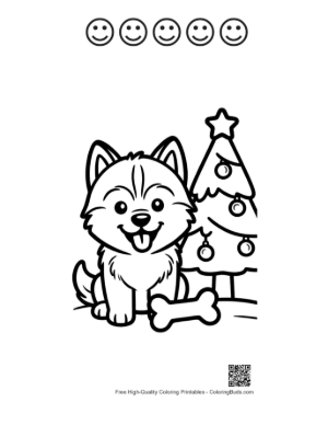 Thumbnail: Happy Husky Puppy with a Bone and Christmas Tree Festive Animal Coloring Printable and 5 Happy Face Outline