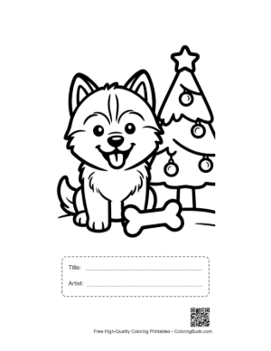 Thumbnail: Happy Husky Puppy with a Bone and Christmas Tree Festive Animal Coloring Printable with Title and Artist Box