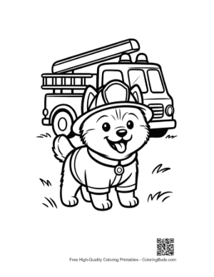 Thumbnail: Husky Puppy Dressed as a Brave Firefighter with Fire Truck Coloring Page for Kids Printable