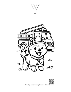 Thumbnail: Husky Puppy Dressed as a Brave Firefighter with Fire Truck Coloring Page for Kids Printable Outline Alphabet Y