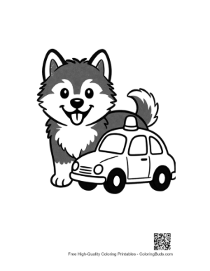 Thumbnail: Husky Puppy Guarding a Small Police Car in the Garden Pet Coloring Activity Printable