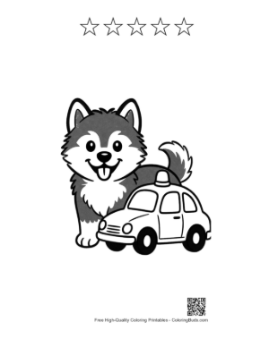 Thumbnail: Husky Puppy Guarding a Small Police Car in the Garden Pet Coloring Activity Printable and 5 Star Outline