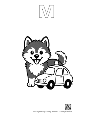 Thumbnail: Husky Puppy Guarding a Small Police Car in the Garden Pet Coloring Activity Printable Outline Alphabet M