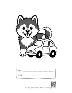 Thumbnail: Husky Puppy Guarding a Small Police Car in the Garden Pet Coloring Activity Printable with Title and Artist Box