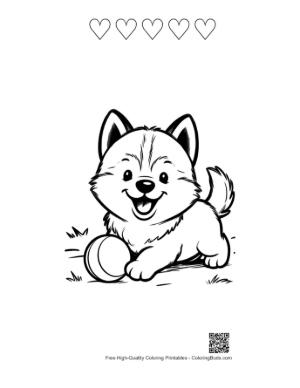 Thumbnail: Husky Puppy Having Fun with a Toy Ball Playful Puppy Coloring Illustration Printable and 5 Heart Outline