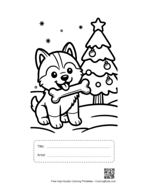 Thumbnail: Husky Puppy Holding a Bone Near a Christmas Tree Merry Puppy Coloring Art Printable with Title and Artist Box