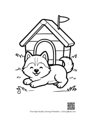 Thumbnail: Husky Puppy Lying Down in Front of Its Wooden Kennel Home Pet Line Art Printable