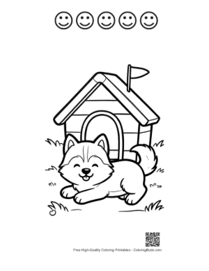 Thumbnail: Husky Puppy Lying Down in Front of Its Wooden Kennel Home Pet Line Art Printable and 5 Happy Face Outline
