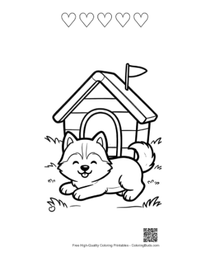 Thumbnail: Husky Puppy Lying Down in Front of Its Wooden Kennel Home Pet Line Art Printable and 5 Heart Outline