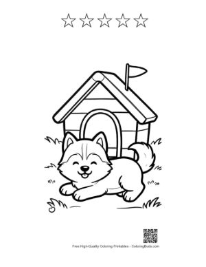 Thumbnail: Husky Puppy Lying Down in Front of Its Wooden Kennel Home Pet Line Art Printable and 5 Star Outline