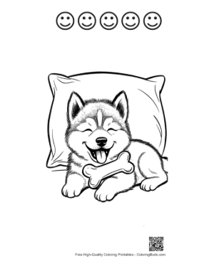 Thumbnail: Husky Puppy Lying Down on a Pillow for a Nap Relaxing Puppy Coloring Sheet Printable and 5 Happy Face Outline