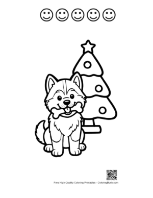 Thumbnail: Husky Puppy Sitting by a Decorated Christmas Tree Holiday Pet Coloring Page Printable and 5 Happy Face Outline