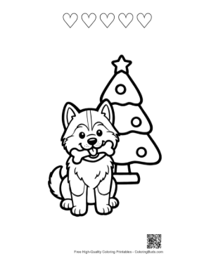 Thumbnail: Husky Puppy Sitting by a Decorated Christmas Tree Holiday Pet Coloring Page Printable and 5 Heart Outline