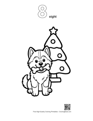 Thumbnail: Husky Puppy Sitting by a Decorated Christmas Tree Holiday Pet Coloring Page Printable Outline Number 8