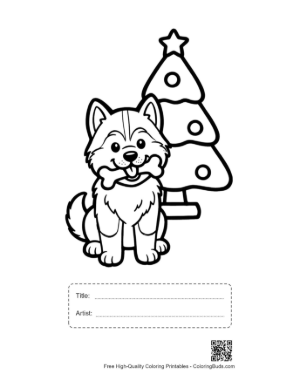 Thumbnail: Husky Puppy Sitting by a Decorated Christmas Tree Holiday Pet Coloring Page Printable with Title and Artist Box